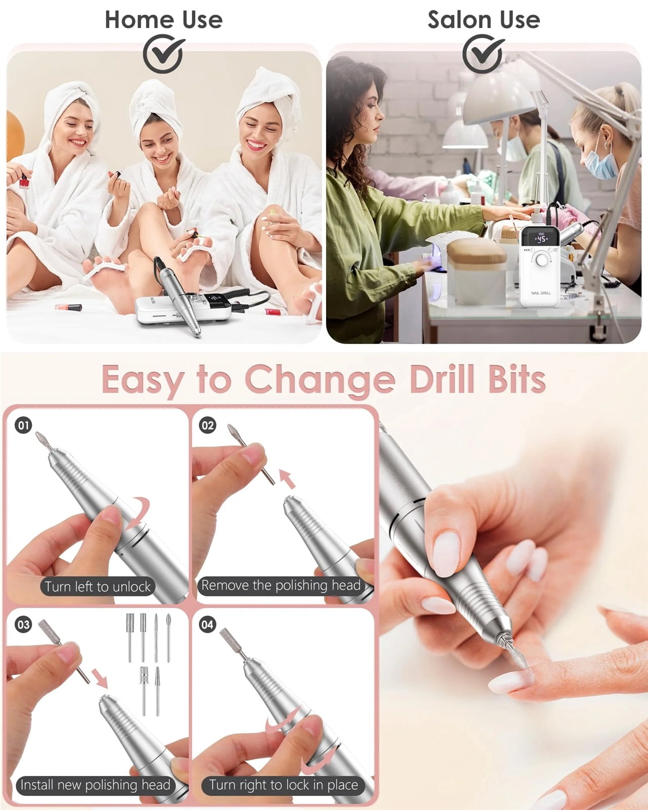 Electric Nail Drill Professional: 45000 RPM Portable Rechargeable Nail Drills Machine with 6 Bits, Drill para Uñas E File