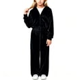 thumbnail image 2 of Girls 2 Piece Velvet Tracksuit for Ages 5‑12, Zip up Hooded Jacket and Elastic Waist Long Pants Soft Velour Outfit for Teen Girls Daily Casual Wear Blue 9-10Years, 2 of 9
