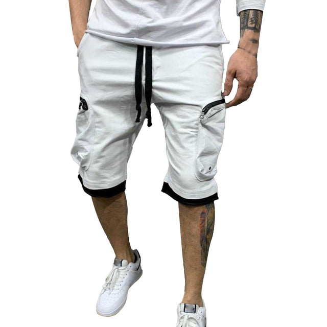 Aayomet Shorts Men Mid Waist Cargo Pant Solid Splice Pocket Drawstring Shorts (White, XXXL)