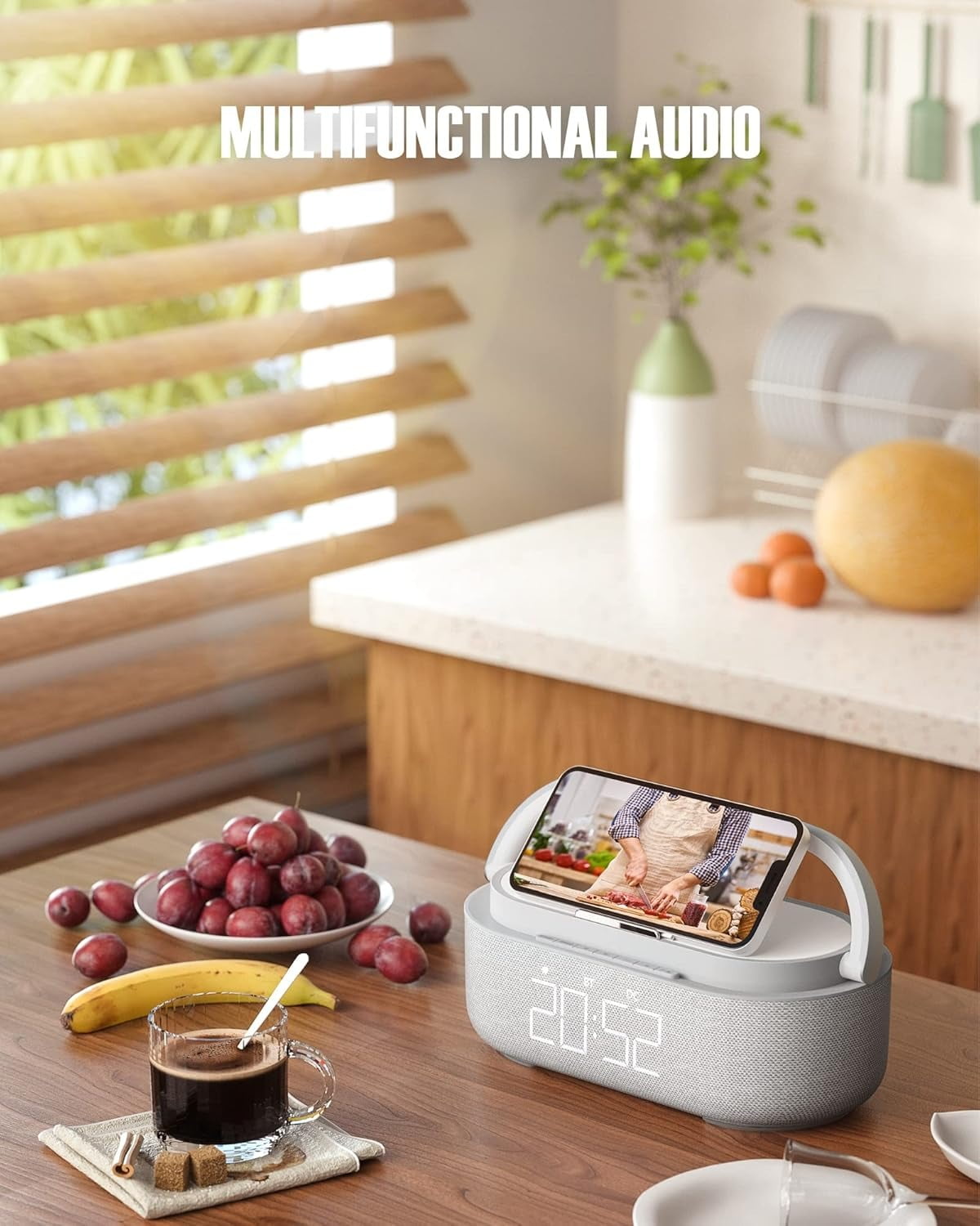 6-in-1 Wireless Charger Bluetooth Speaker with Alarm Clock, FM Radio & Night Light for iPhone + 18W Adapter Gray