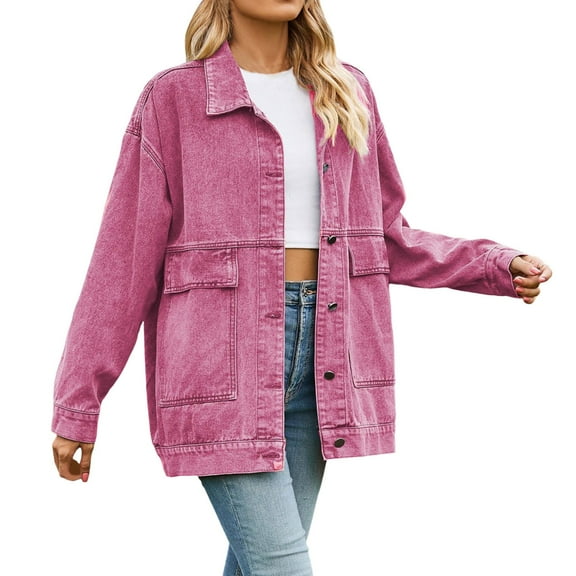 Siilsaa Women's Oversized Denim Jacket Casual Long Sleeve Vintage Jean Jacket Top Coat with Pockets Pink,2XL