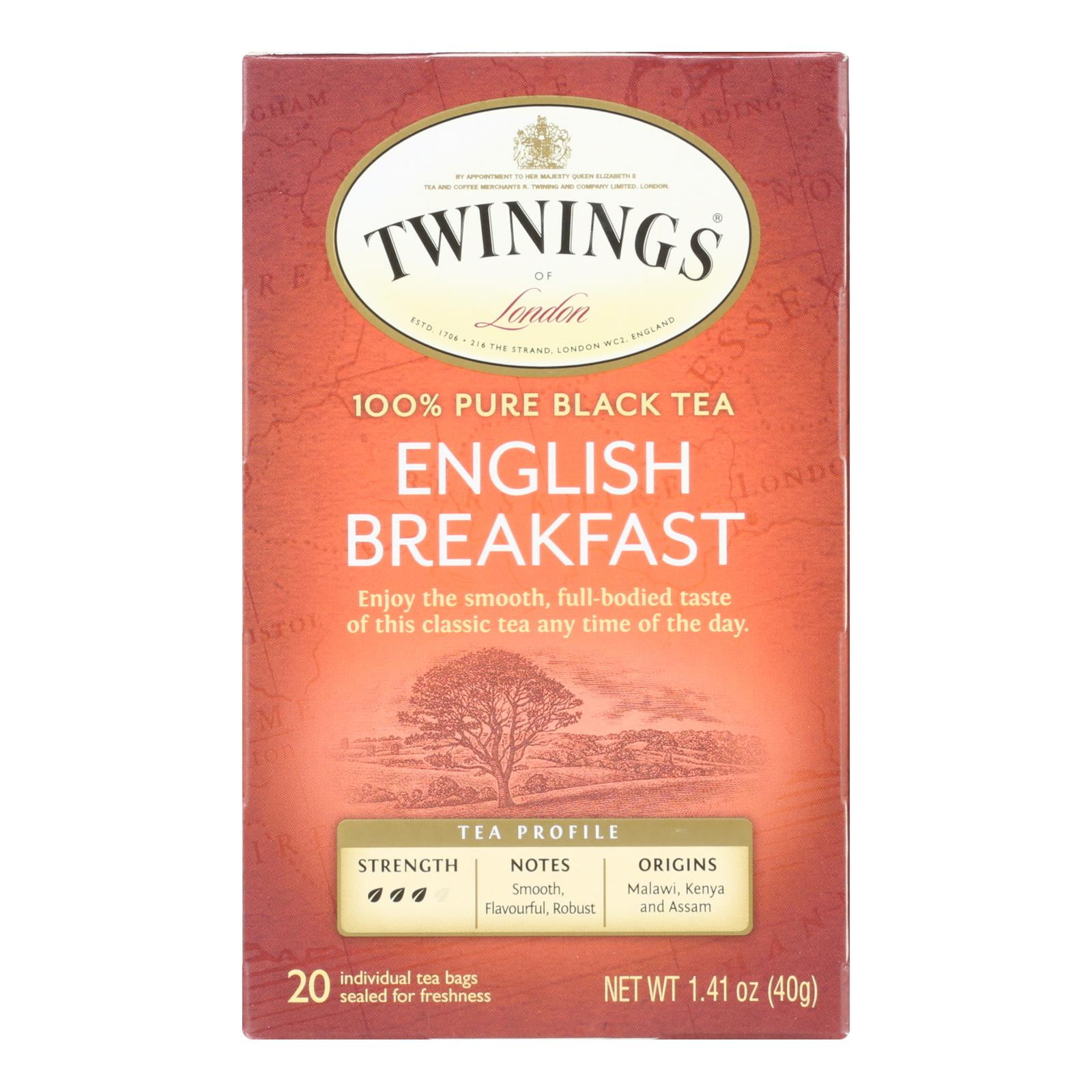 Twinings of London English Breakfast Tea Flavourful for Energy Pure Black Tea Bags, 20 Ct
