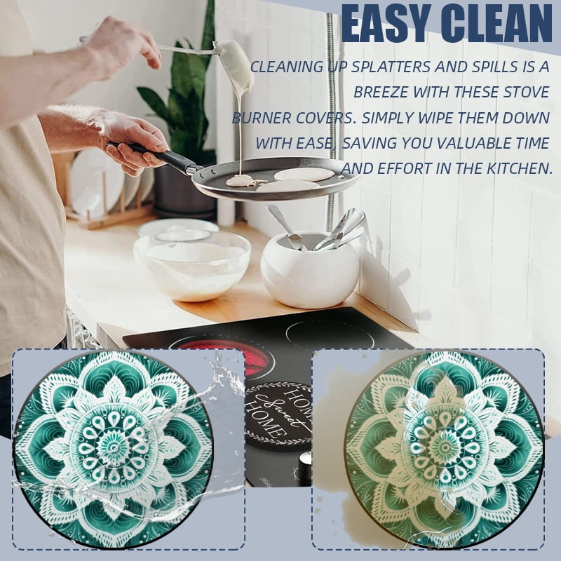 Metal Burner Covers for Electric Stove, Turquoise Mandala with Intricate White Patterns Durable Round Gas Stove Burner Covers Set of 4, 8 Inches and 10 Inches