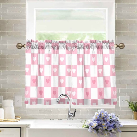 Yayeee Kitchen Curtains Tier Pair Light Filtering 27"x24" Rod Pocket Short Cafe Window Panel, Pink Checkered Heart