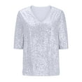 thumbnail image 5 of BLVB Women's Fashion Sequin Tops V Neck Short Sleeve Shirts Sparkly Glitter Blouse for Party Club White, 5 of 7