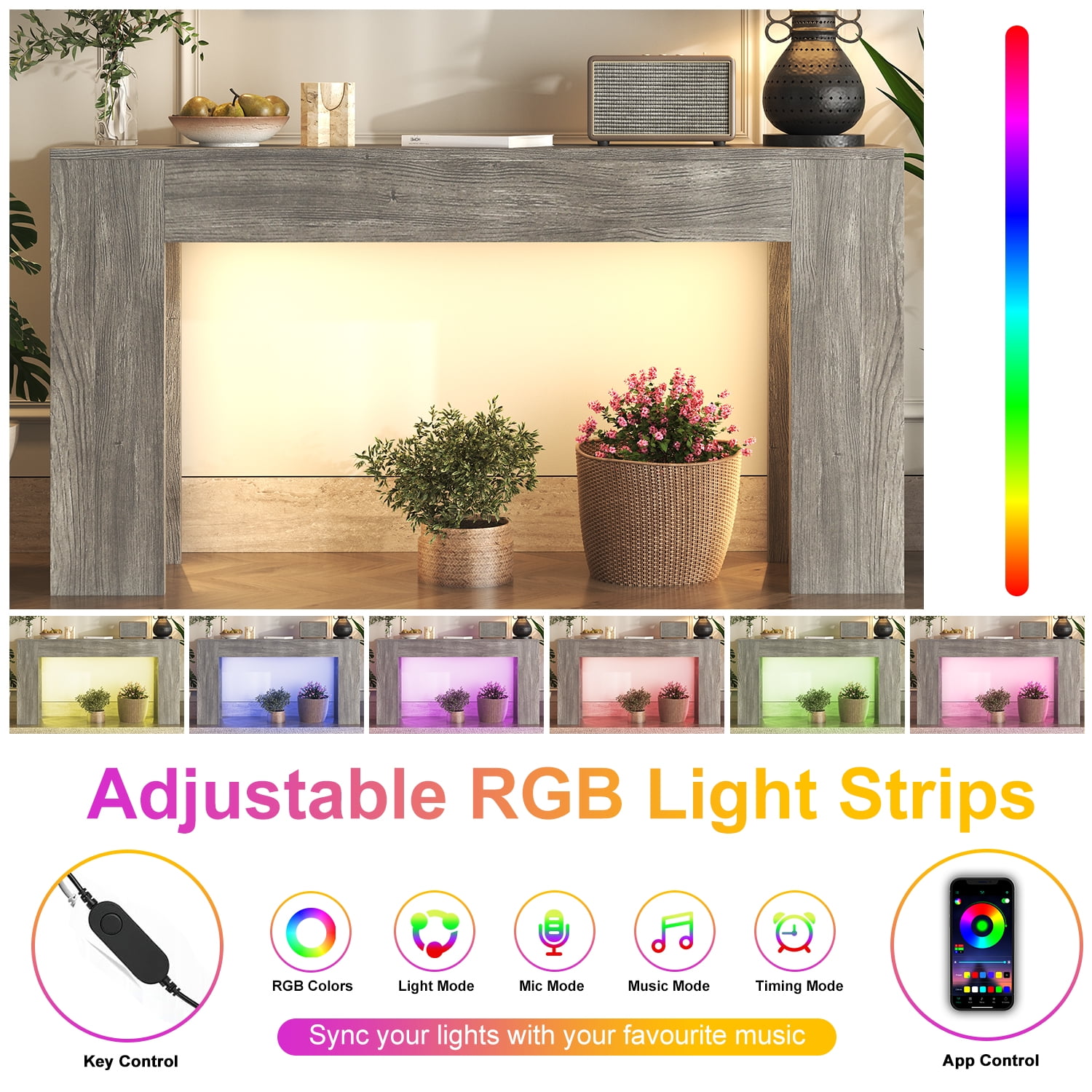 63-Inch Long Console Table with LED Light, Farmhouse Sofa Table Behind Couch, Wooden Console Table for Entryway Hallway Entrance Living Room, Gray