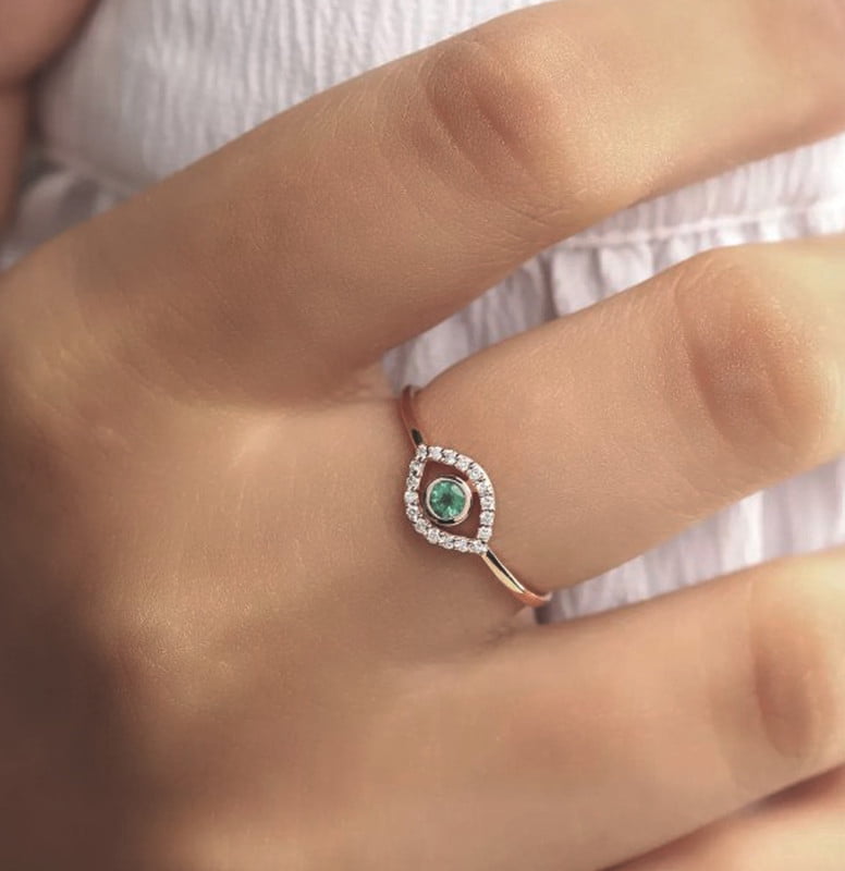 ArtpalaceByMitika Vintage Evil Eye Emerald Ring ,Moissanite Cluster Ring, 925 Sterling Silver ,14K Yellow Gold Plated for Women Engagement Rings