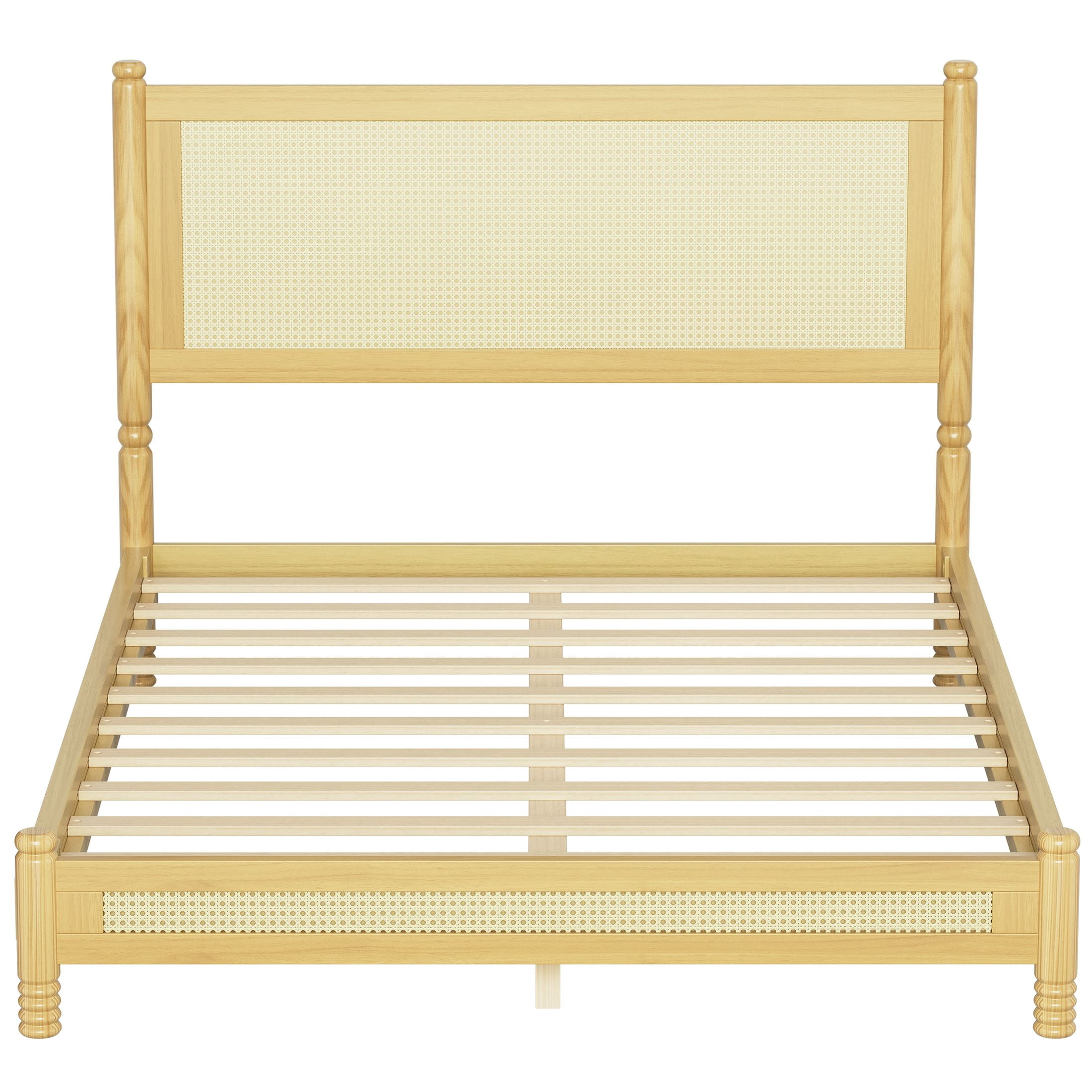 GDF Studio Annes Full Size Boho Rattan Platform Bed Frame with Turned Legs, Woven Cane Pine Wood Bed Frame, Natural