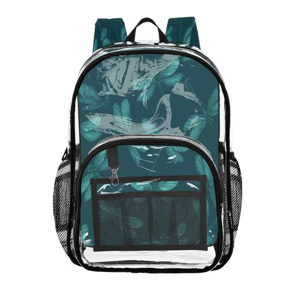 Large Clear PVC Backpack Heavy Duty See Through Backpack for Adults Work Travel, Dragonfly Teal Printed 12L