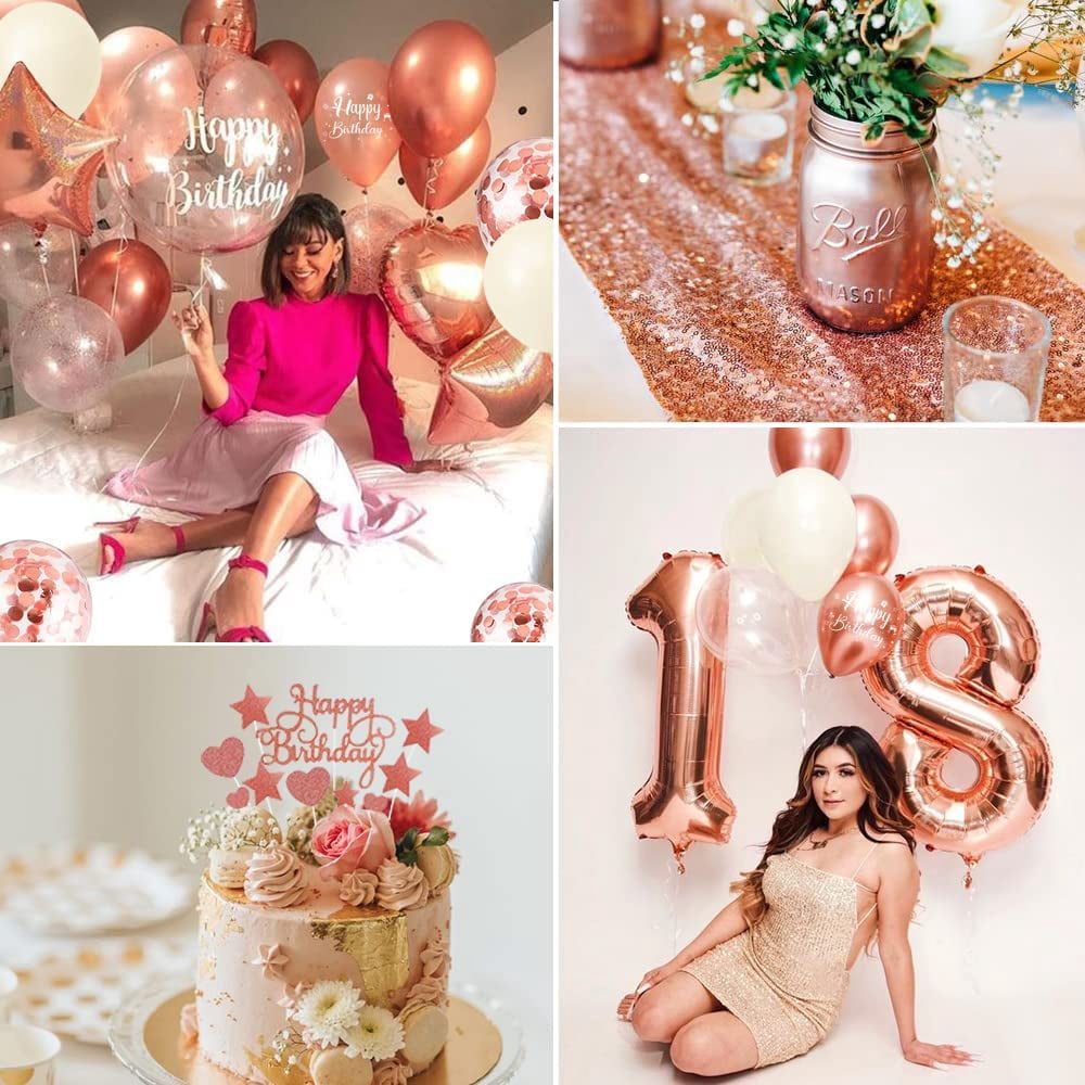 YANSION Birthday Decorations Women Rose Gold, Beige Rose Gold Birthday Balloons with Happy Birthday Banner Tablecloth Curtain Pompom Confetti Balloons, Girl Birthday Decorations