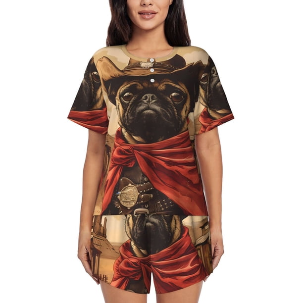 Fotbe Western French Bulldog Cowboy Conjunto de Pijama Estampado para Mujer, 2 Piezas, Ropa de Dormir con Camiseta de Manga Corta y Shorts Suaves-XX-Large