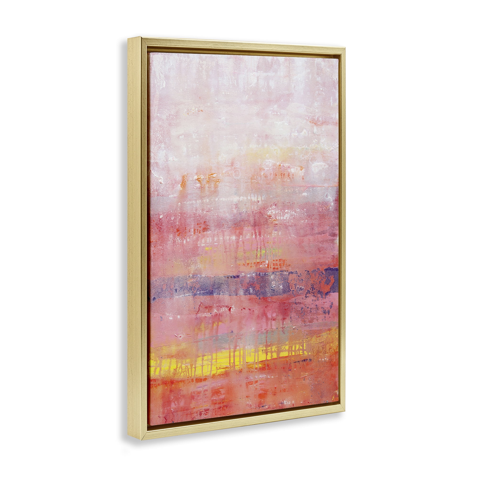 Stupell Industries Modern Paint Drip on Pink Abstract Painting Gold Floater Framed Canvas Art Print Wall Art, 21 x 31