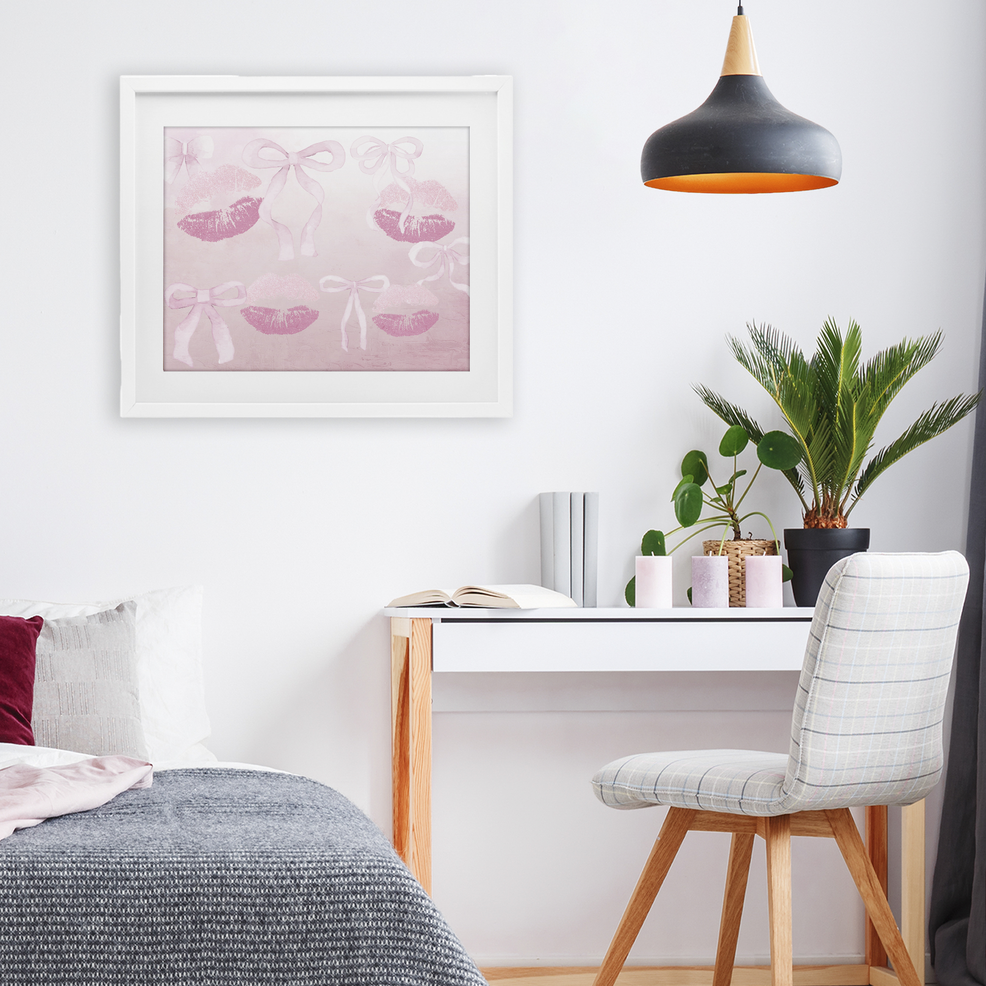 Dreamy Bows & Lips White Framed Print Under Glass, design by Kim Allen