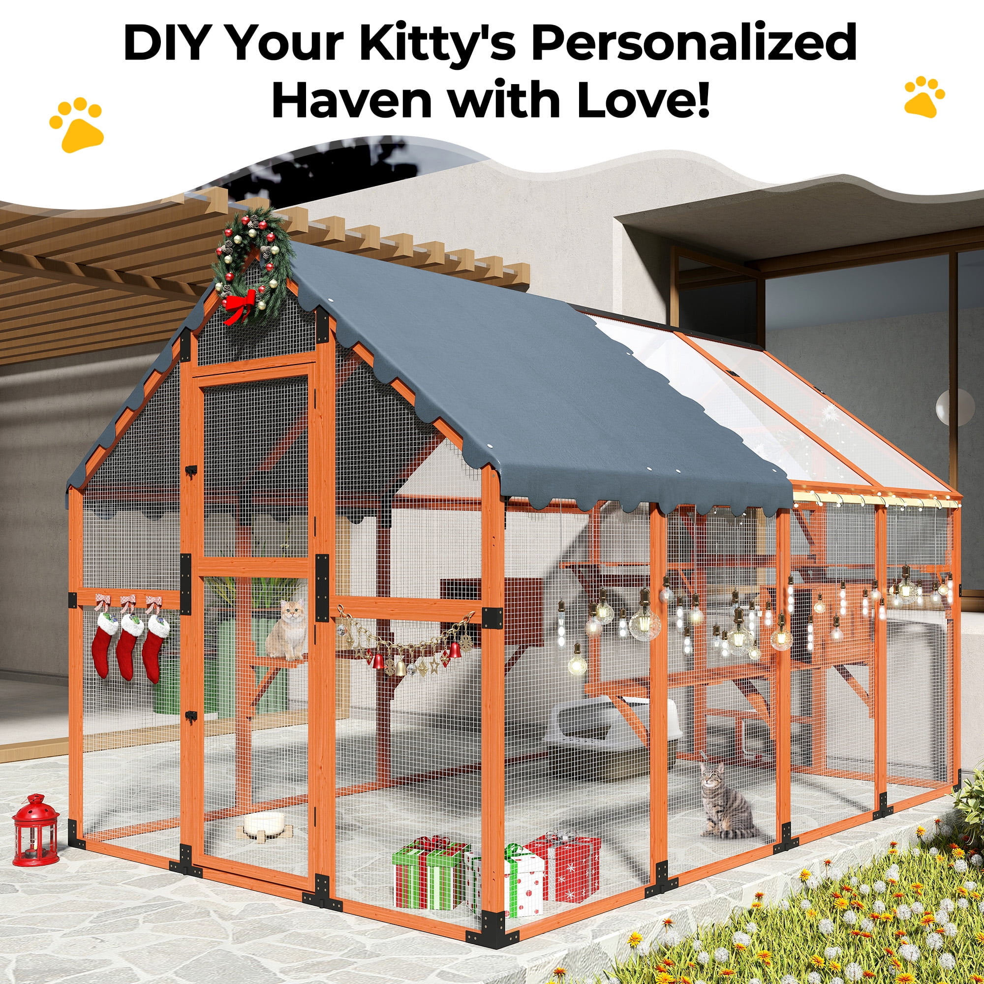 COZIWOW 53.4ft² Outdoor Cat Enclosure Wooden Catio for Multiple Cats with Platforms Walk-in Door