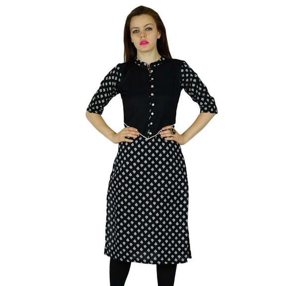 Bimba Women Black Cotton Classic Chic Kurta Kurti 3/4 Sleeve Tunic Formal