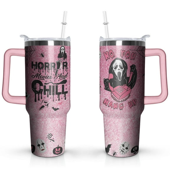 40 Oz Halloween Tumbler with Handle, Lid and Straw, Halloween Ghostface Cup Horror Spooky Gifts for Women Girls, Halloween Cups for Adults, Pink