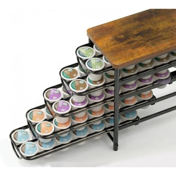 Coffee Pod Holder with Wooden Top Compatible with K-Cups 5-Tier Coffee Capsule Storage Drawer 70 Capacity Pods Organizer with 3 Mug Holders for Home Office Kitchen Counter Black