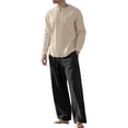 thumbnail image 2 of Gamivast Men's 2 Piece Lounge Set Long Sleeve Pleated Front Henley Shirt and Loose Fit Wide Leg Pants Breathable Soft Cotton Linen Blend Casual Outfit Set, 2 of 5