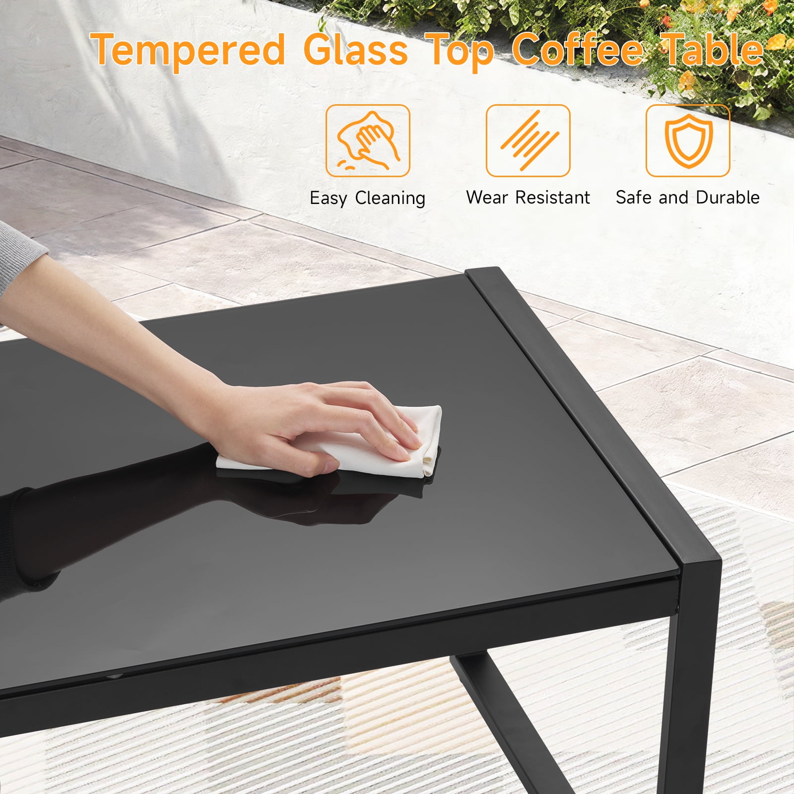 Dovov Outdoor Patio Coffee Table with Glass Top, All Weather Metal Rectangle Coffee Table Indoor Outdoor Glass Table for Patio Living Room, Black