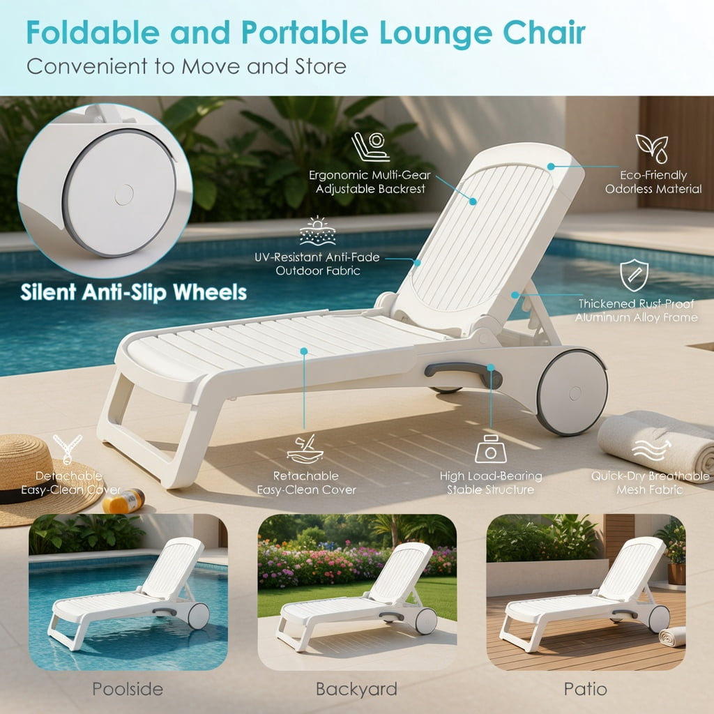 Hommoo Adjustable Outdoor Sun Lounger with All-Terrain Wheels, Weather-Resistant PP Recliner for Patio, Poolside & Backyard, White