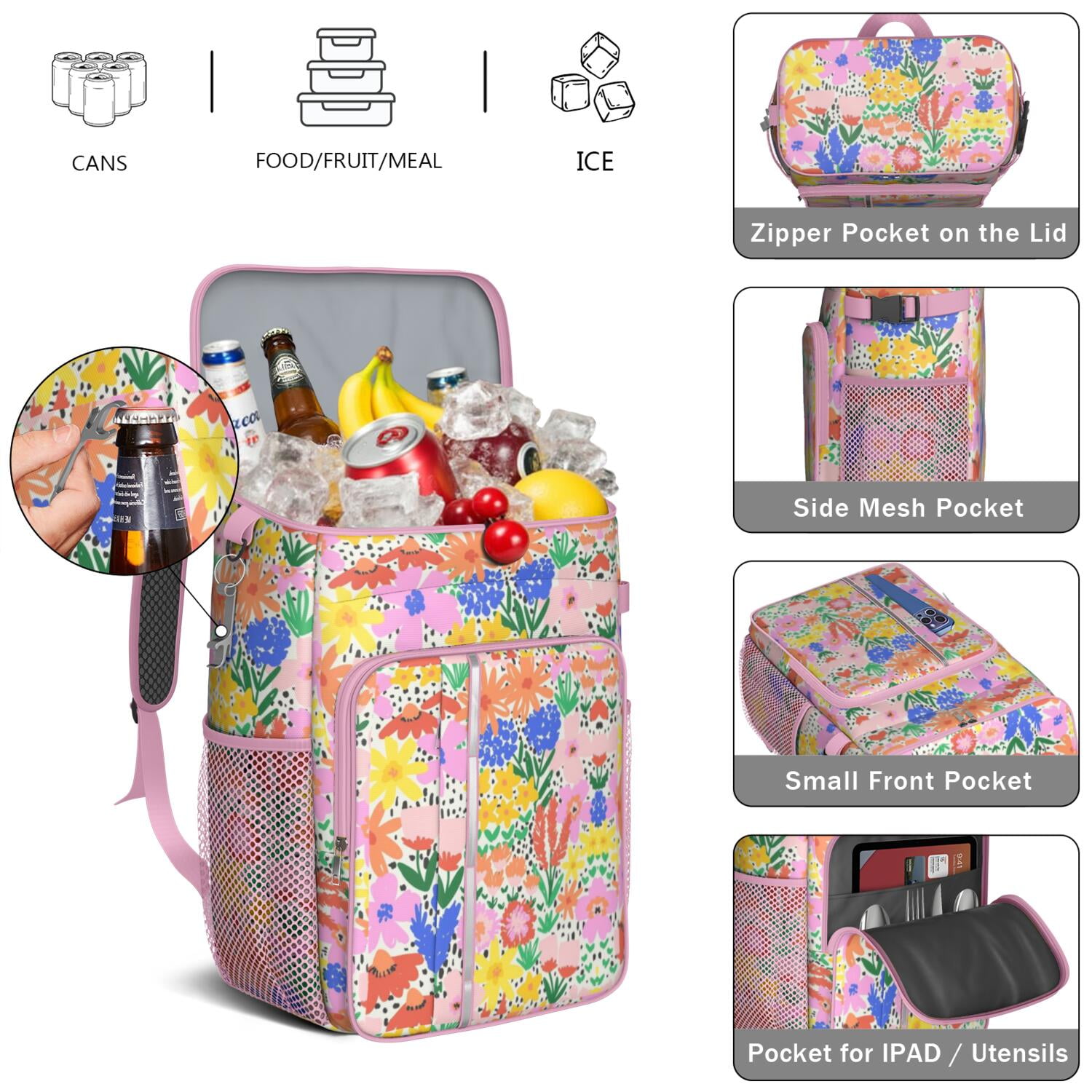 Travel Cooler Bag - Pioneer Flower Camping Beer Cooler Backpack with Bottle Opener- Waterproof Insulated Picnic Backpacks - Cooler Bag for Beach