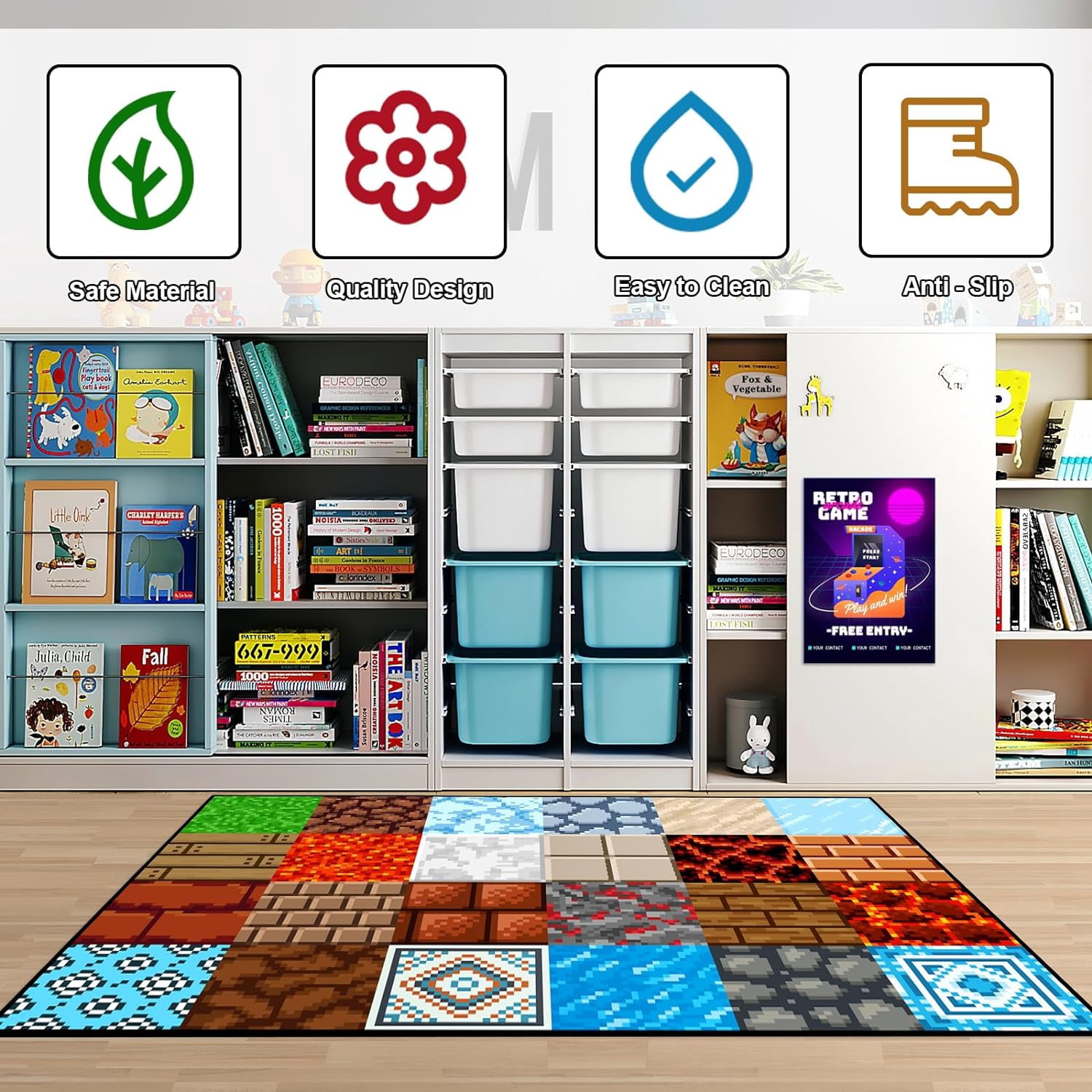 Game Rug Teen Boys Carpet with Pixel Game Element Decoration, 8 Bit Old Game Rugs for Boy’s Bedroom Living Room Playroom, Non-Slip Children Gaming Area Rugs (60" x 40")