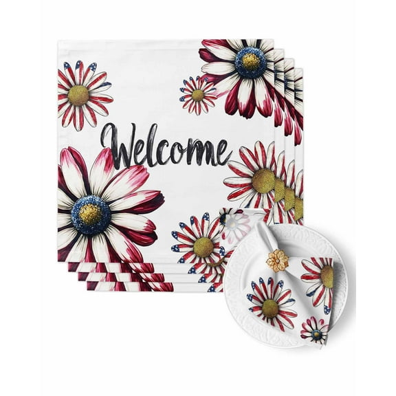 Cloth Napkins Watercolor Daisy Patriotic Flag Washable Soft Kitchen Dinner Napkin Set of 4,Memorial Day Welcome Text Reusable Cocktail Napkins for Wedding Holiday Party Event,20x20In