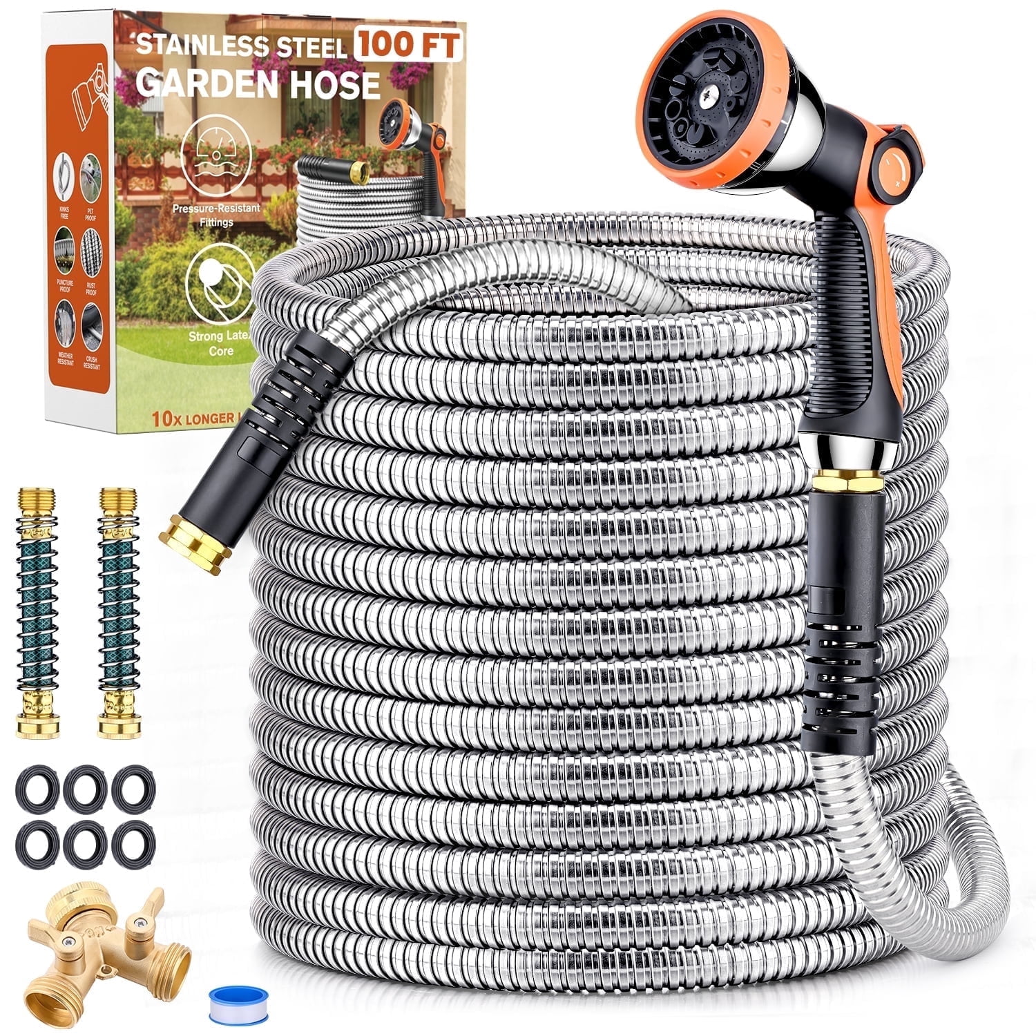 100ft Garden Hose, 304 Stainless Steel Metal Water Hose with 10-Mode Nozzle Sprayer & 6 Extra Rubber Washers, Durable Outdoor Hose for Lawn Watering, Yard, Patio