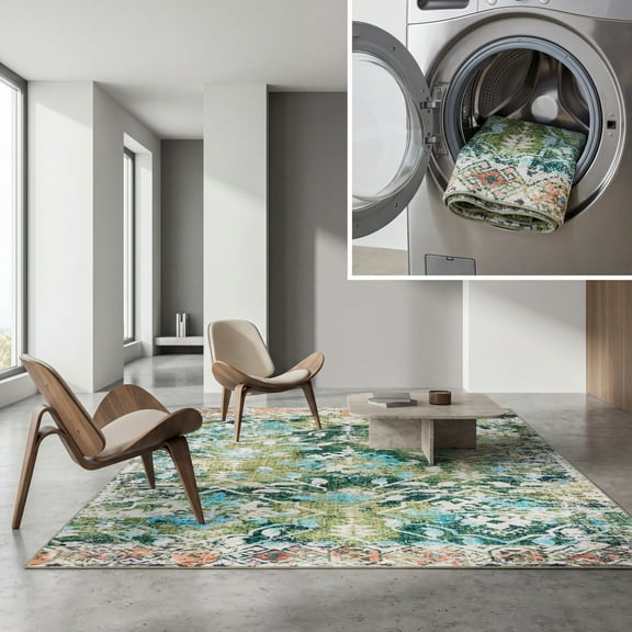 SAFAVIEH Riviera Dzvezda Abstract Polyester Machine Washable Area Rug, Green/Light Blue, 6'7" x 6'7" Square
