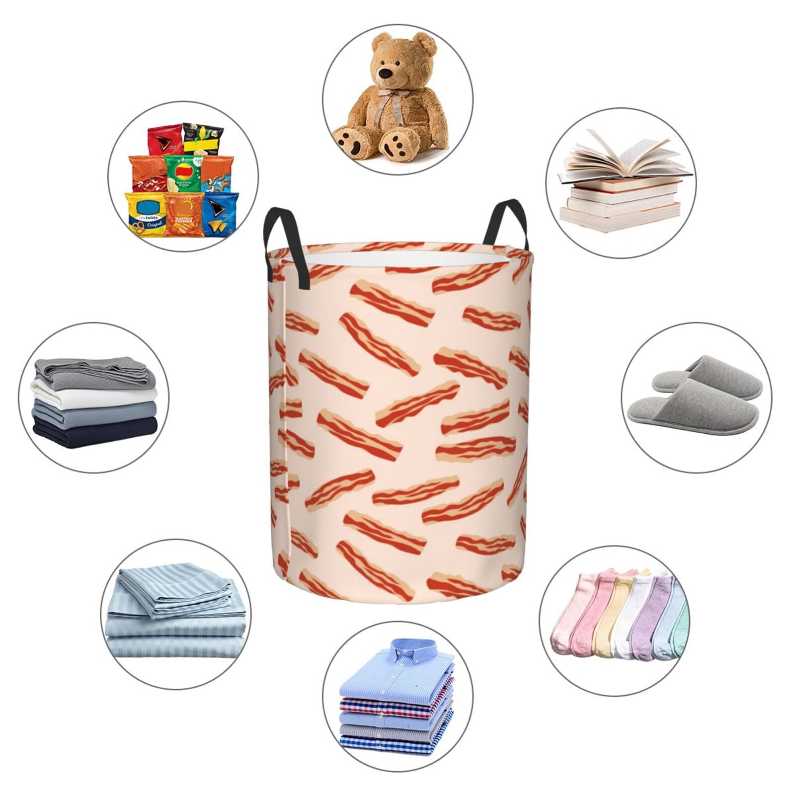 Large Laundry Basket with Handles - Bacon Print No.909 Kids Baby Dirty Clothes Laundry Hamper for Bedroom Aesthetic