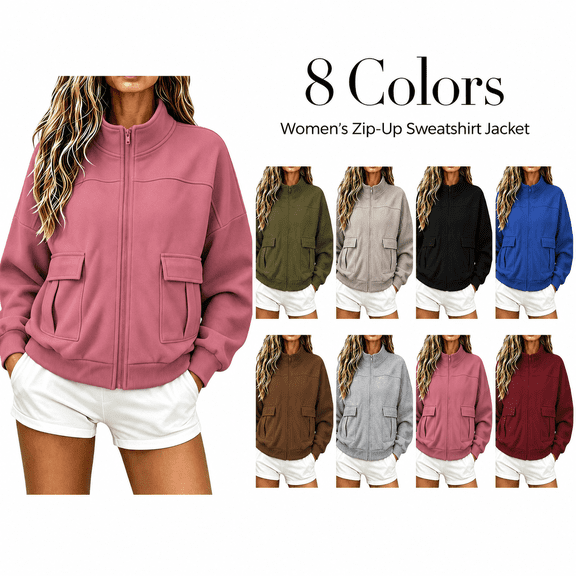 Aezemi Women Full Zip Oversized Sweatshirt with Cargo Pockets Mock Neck Zip up Fashion Loose Fit Fall Winter Outerwear Coat Casual Trendy Long Sleeve No Hood Sweatshirt for Women XL