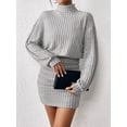thumbnail image 5 of EASYBRA Women High Neck Ribbed Knit Bodycon Mini Dress Long Sleeve Slim Fit Autumn Sweater Dress, 5 of 6