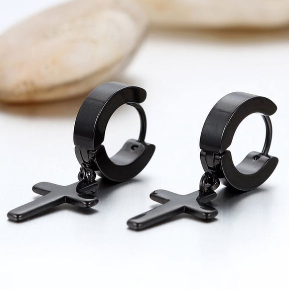 SmartBy 1 Pair Ear Dangle Cross Pendant Eco-friendly Stainless Steel Huggie Hinged Hoop Earrings for Men