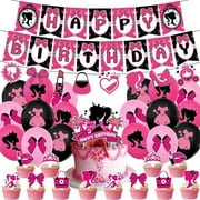 Pink Princess Party Decor Supplies Set Colorful Cartoon Manga Comic show Set, Birthday Banner Paper Cake Topper Latex Balloons Ribbon String Party Spirals Decor