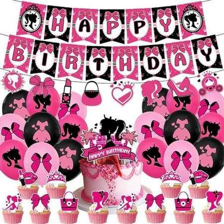 Pink Princess Party Decor Supplies Set Colorful Cartoon Manga Comic show Set, Birthday Banner Paper Cake Topper Latex Balloons Ribbon String Party Spirals Decor