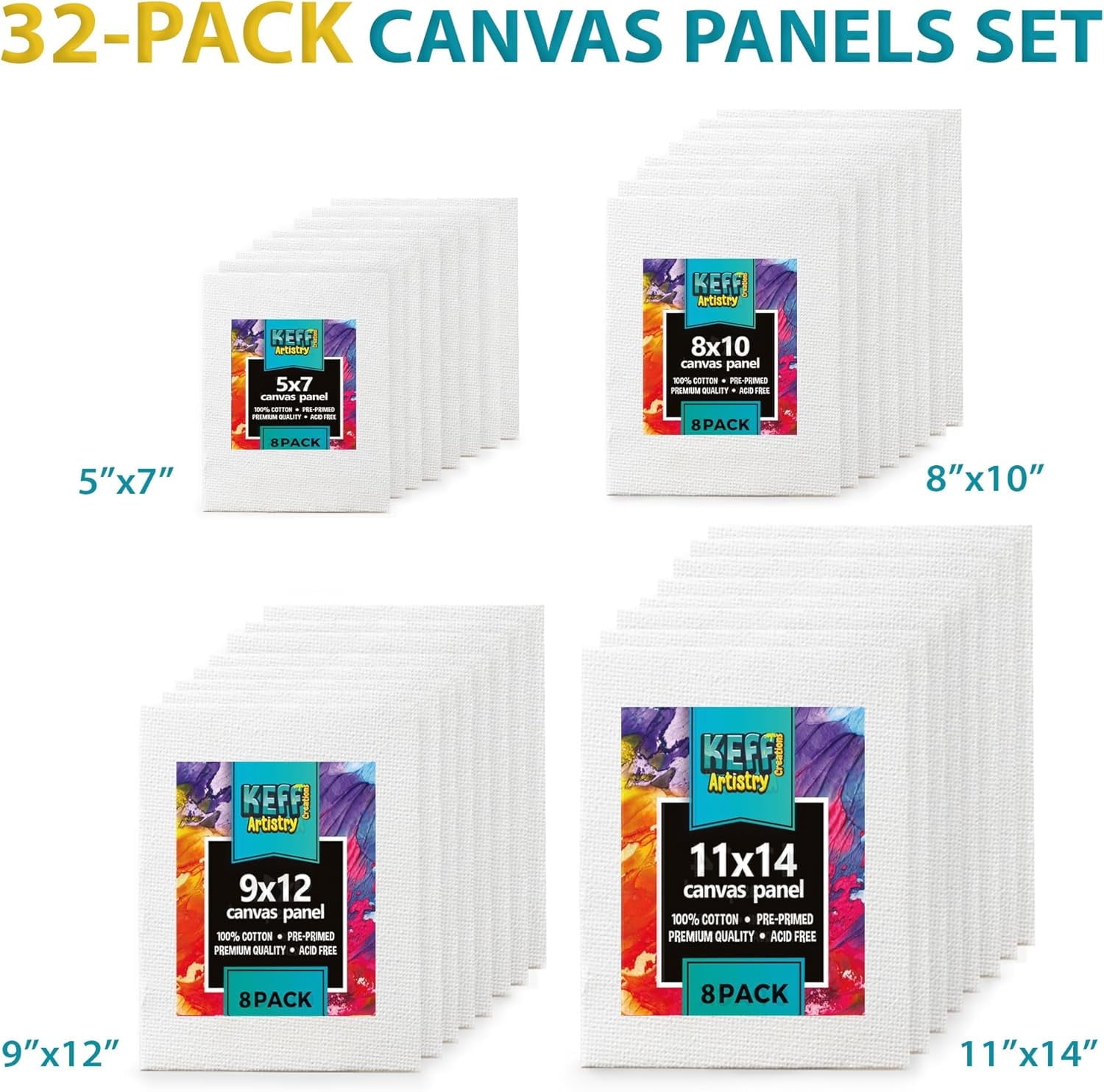 KEFF Canvas Boards for Painting - 32 Pack - Art Supplies Paint Canvas 5x7, 8x10, 9x12, 11x14 Canvas Panels, 100% Cotton Pre-Primed Canvas for Acrylic, Oil, Watercolor, Tempera