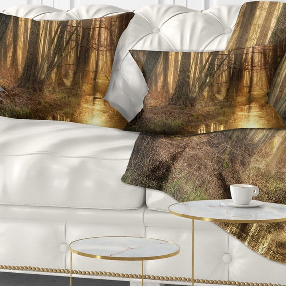 Designart Golden Morning in Dense Forest - Landscape Photography Throw Pillow - 12x20