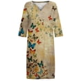 thumbnail image 4 of Pntutb Robe de Mode pour Femmes Robe à Manches 3/4 Mode Fleurs Imprimées Taille Robe d'Été Col en V Longueur Genou, 4 of 5