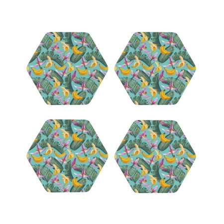 

Coasters Set of 4 - Cute Banana Purple Flower Drink Coasters for Tabletop Protection Leather Coasters for Living Room Decor and Housewarming Gift Hexagon