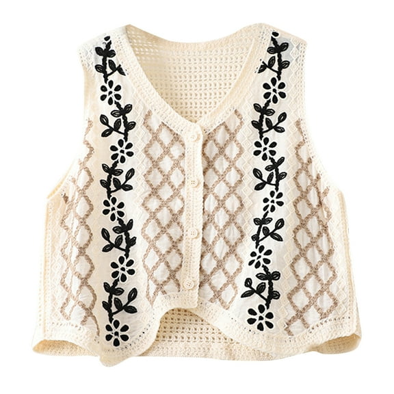 Women Vintage Knit Crochet V-Neck Waistcoat Cropped Cardigan Embroidery Floral Sleeveless Sweater Vest Top