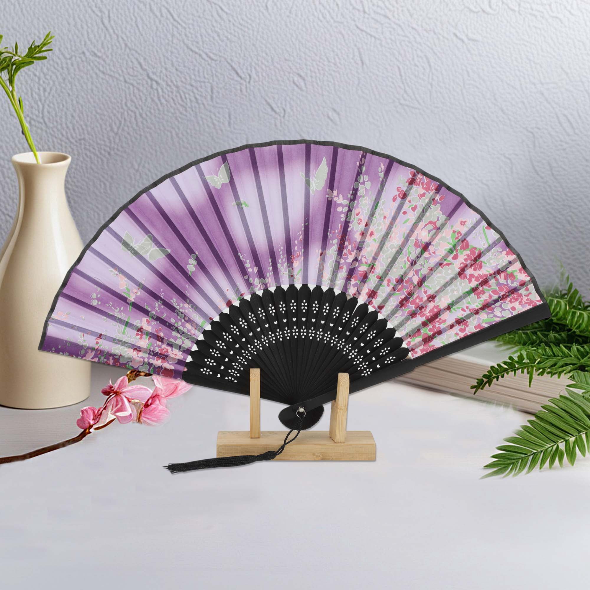 Unique Bargains Ancient Style Folding Fan 1Pc Purple [Dreamy Cherry Blossoms Butterflies]