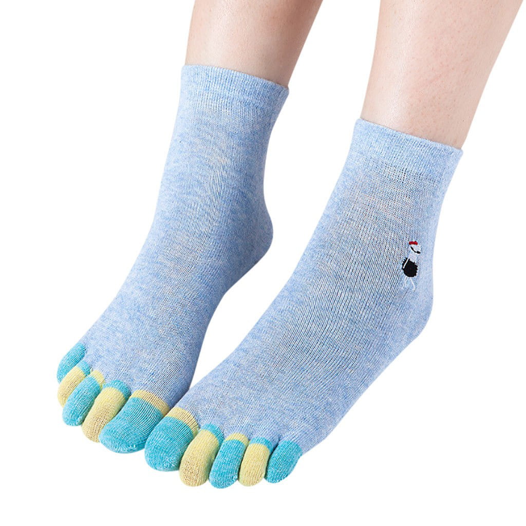 Women Cotton Five Finger Toe Socks Striped Thick Warm Casual Mid-Calf Crew Socks