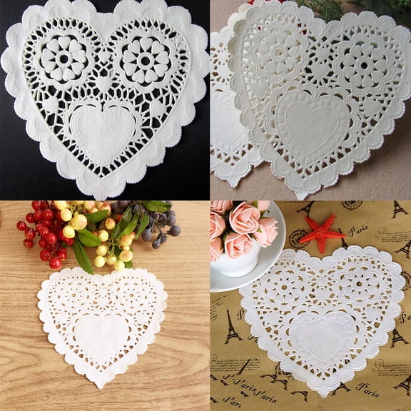 WRISTBIQUE 100Pcs Heart Shaped Paper Doilies White Floral Design for Baking and Table Decoration