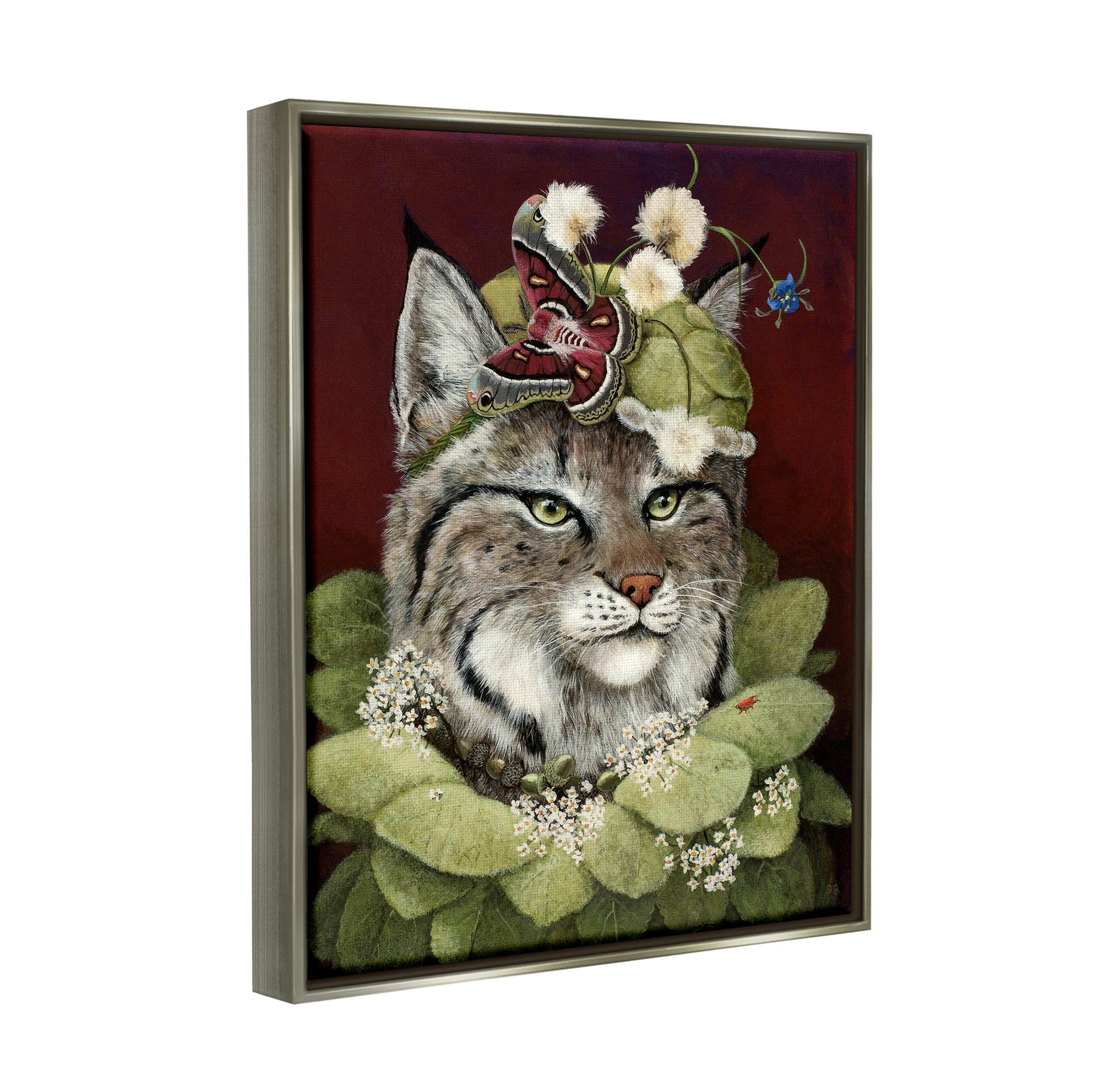 Stupell Industries Bobcat Wearing Leaf Outfit Painting Luster Gray Floating Framed Canvas Print Wall Art, Design by Carolyn Schmitz