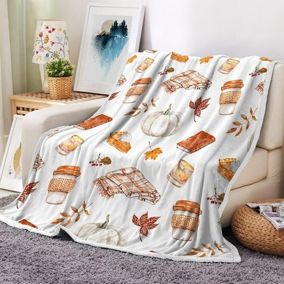 Fall Throw Blanket, Pumpkin Spice Pumpkins Throw Blanket Fall Pumpkins Throw Blanket, Autumn Pumpkins Leaves and Berries Soft Warm Fleece Blanket for Living Room Couch Bed Chair Dorm, 50"x60", Brown