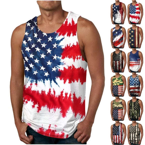 WAENQINLA Men's Patriotic Sleeveless Shirts Round Neck Flag Print Tank Tops Lightweight Red White Blue 250th Anniversary Tees for Summer S-2XL