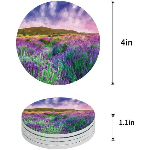 FMSHPON Lavender Set of 4 Round Coaster for Drinks, Absorbent Ceramic Stone Coasters Cup Mat with Cork Base for Home Kitchen Room Coffee Table Bar Decor