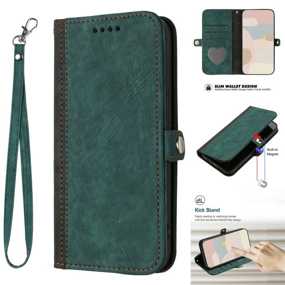 Feishell Compatible for iPhone 13 Pro Max Wallet Case, Premium PU Leather Wrist Strap Handbag Magnetic Clasp Soft Silicone Shockproof Flip Case with Card Slots Kickstand Folio Phone Cover,Darkgreen