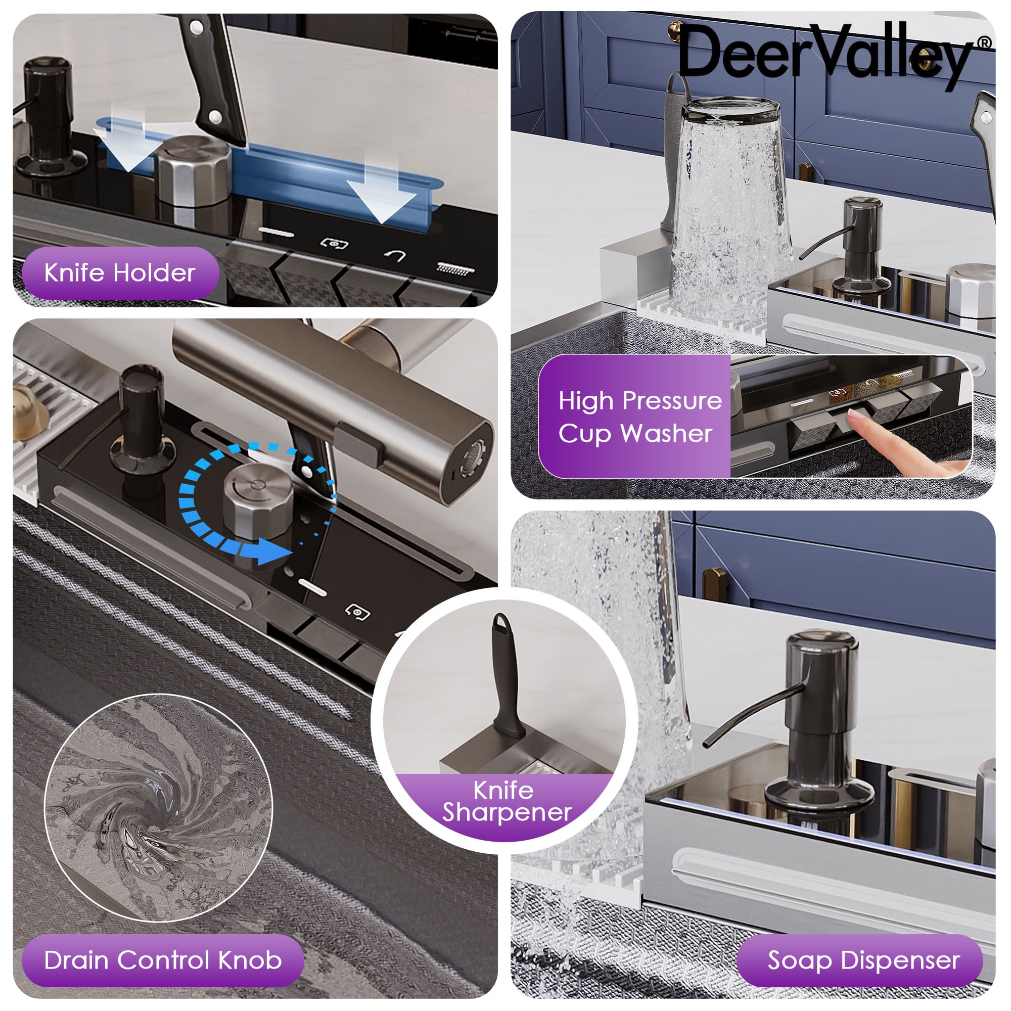 Deervalley 29.5" X 18" Smart Waterfall Kitchen Sink, Drop In Stainless Steel Digital Display Workstation Sink DV-1K0348