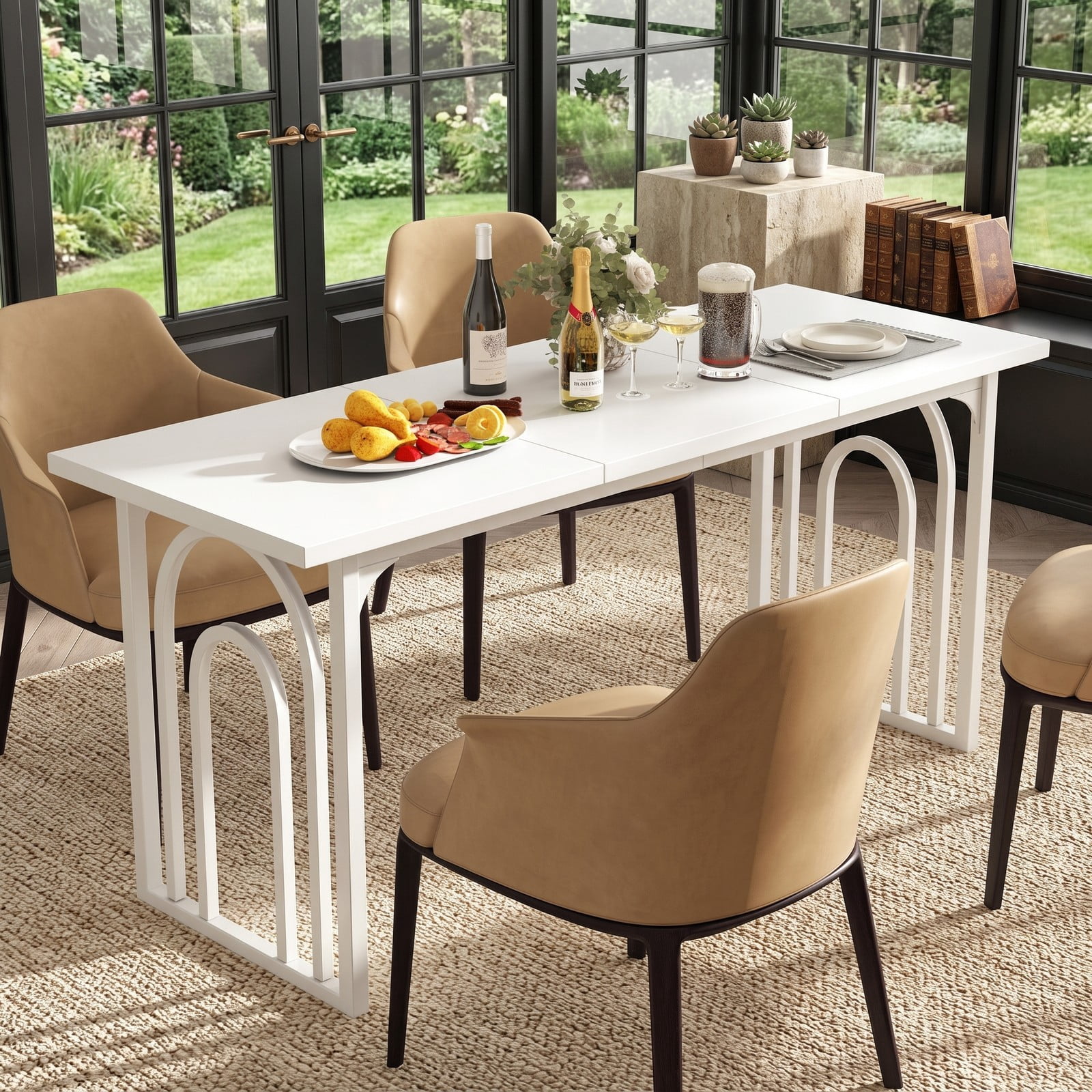 Furnibear 63 Inch Rectangular Dining Table for 6-8 People, Farmhouse Kitchen Table with Powder-Coated Metal Legs, Arch Base & Scratch-Resistant Veneered Top for, White